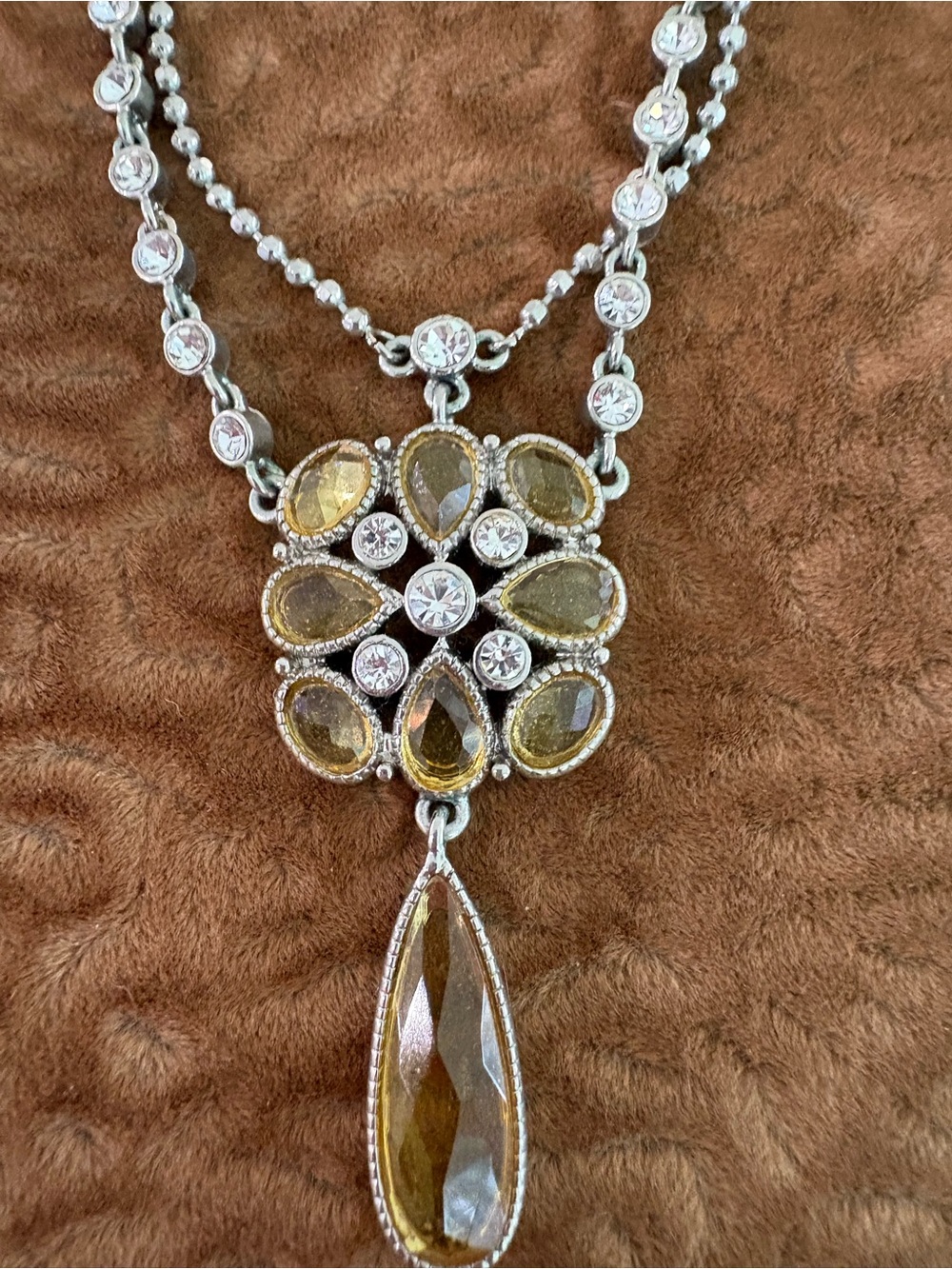 Cookie Lee Necklace Silver Tone Yellow Citrine Rhinestone Flower Lavalier Drop